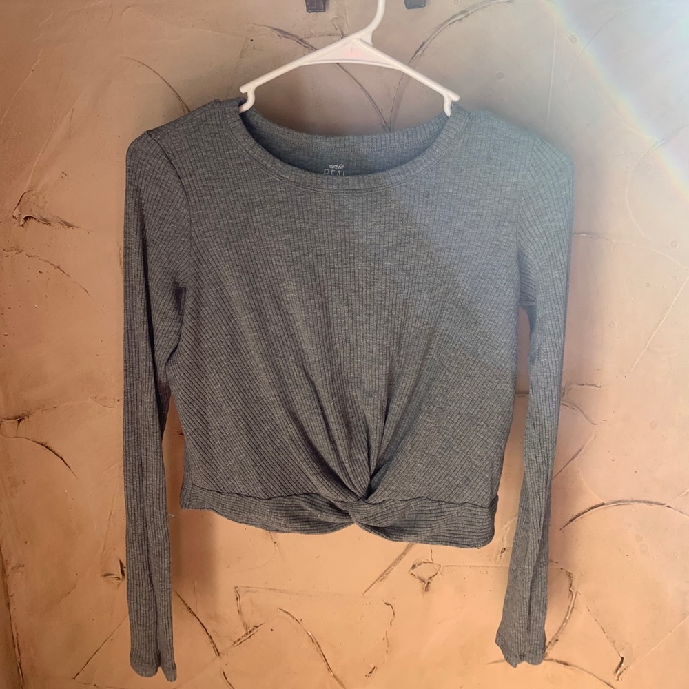 soft, gray, ribbed, long sleeve, front knot top